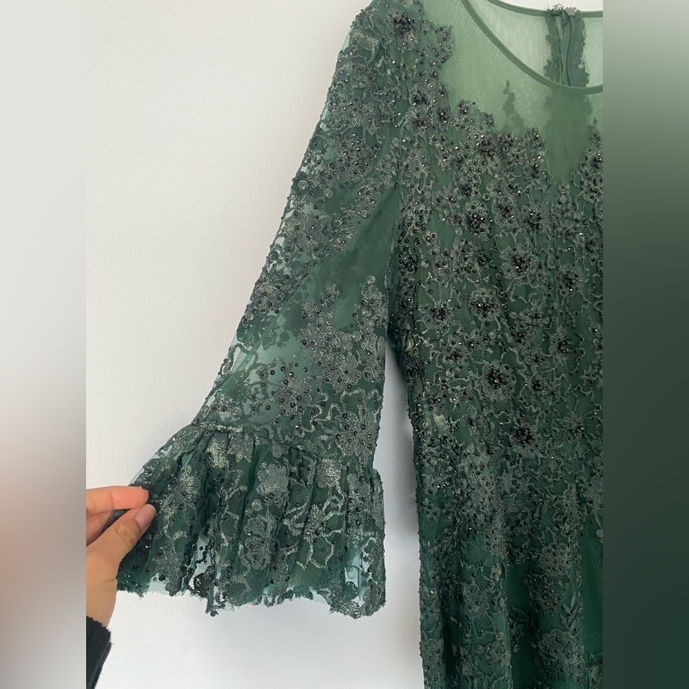 Mac Duggal Green High Neck Flutter Sleeve Embroidered A Line Evening Gown - Picture 4 of 7